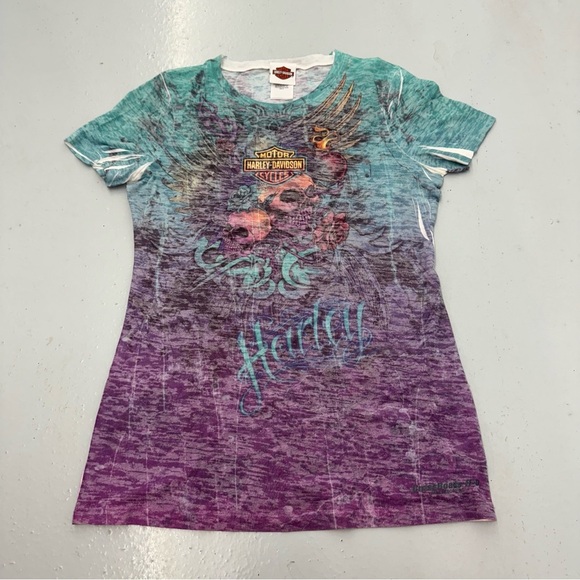 Y2K Harley Davidson Skull Sheer Shirt Multicolor Fitted Slim Women’s XL - Picture 1 of 5
